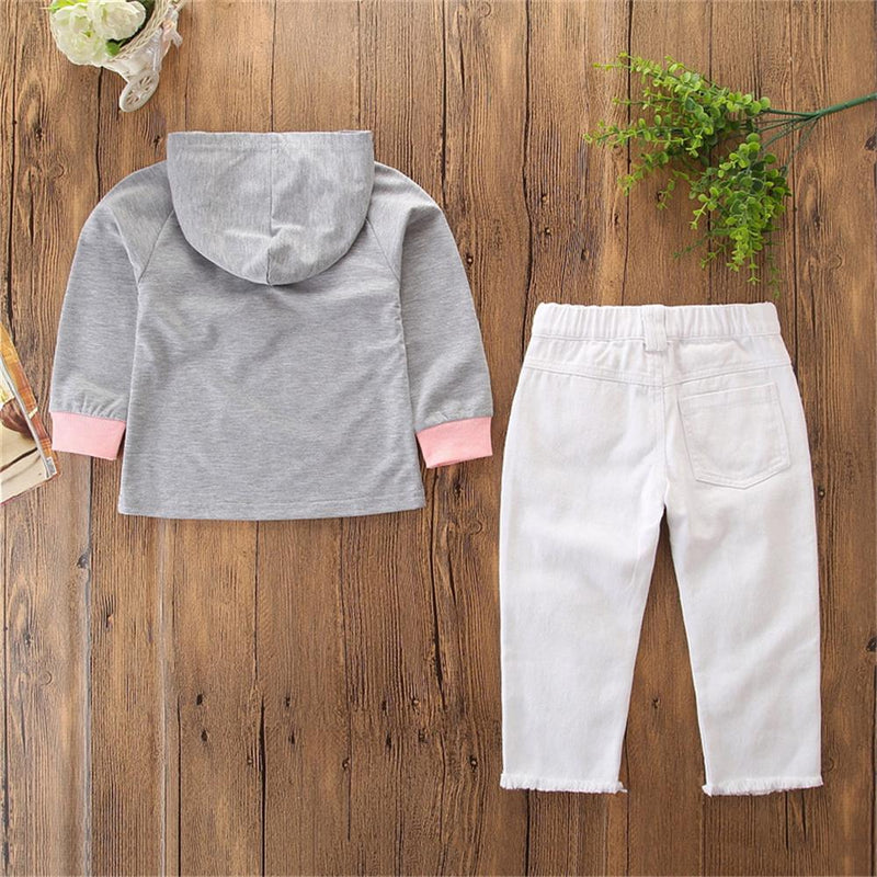 Girls Bow Hooded Long Sleeve Top & Ripped Jeans Kids Wholesale Clothing - PrettyKid