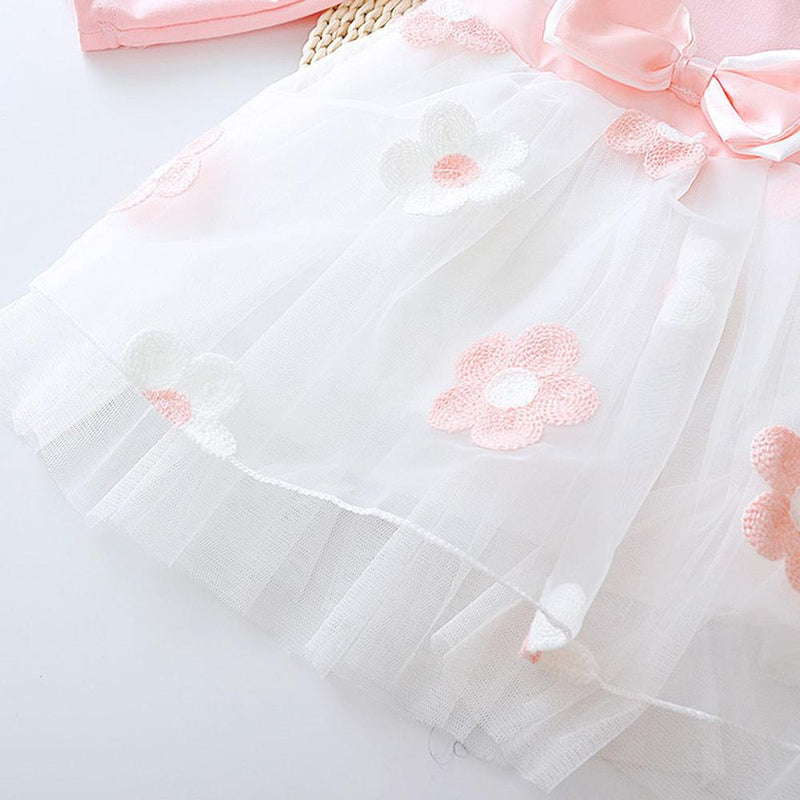 Girls Bow Lace Flower Long Sleeve Dress - PrettyKid
