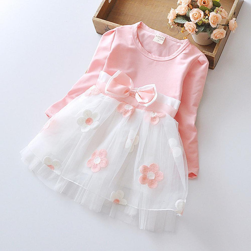 Girls Bow Lace Flower Long Sleeve Dress - PrettyKid