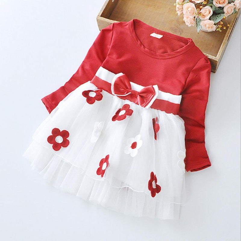 Girls Bow Lace Flower Long Sleeve Dress - PrettyKid