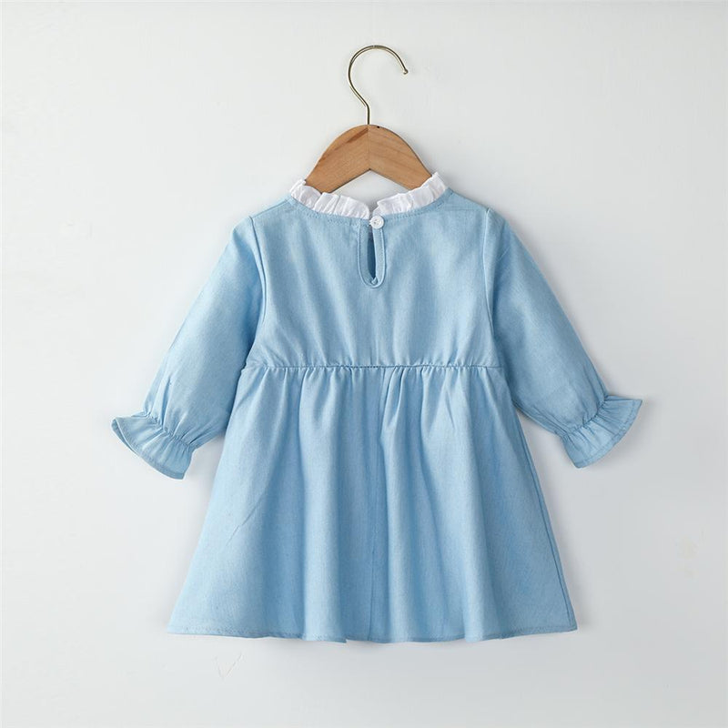 Toddler Girls Bow Long Sleeve Blue Casual Dress Girls Clothing Wholesalers - PrettyKid