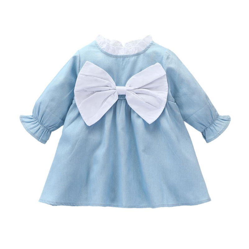 Toddler Girls Bow Long Sleeve Blue Casual Dress Girls Clothing Wholesalers - PrettyKid