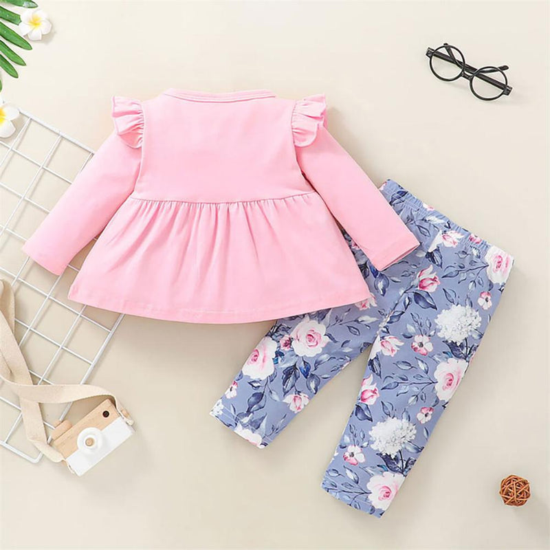 Pink Long Sleeve Ruffled Top & Roses Pants Baby Girls Baby Clothes - PrettyKid