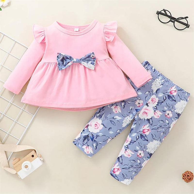 Pink Long Sleeve Ruffled Top & Roses Pants Baby Girls Baby Clothes - PrettyKid