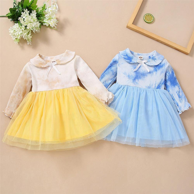 Toddler Girls Bow Long Sleeve Tie Dye Mesh Princess Wholesale Girl Dresses - PrettyKid