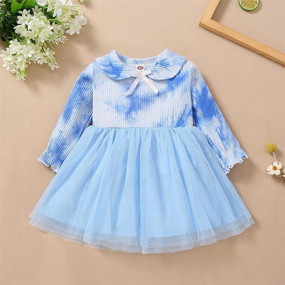 Toddler Girls Bow Long Sleeve Tie Dye Mesh Princess Wholesale Girl Dresses - PrettyKid