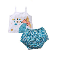 Baby Girls Bow Mermaid Letter Printed Sling Top & Shorts childrens leggings wholesale - PrettyKid