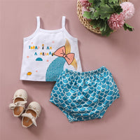 Baby Girls Bow Mermaid Letter Printed Sling Top & Shorts childrens leggings wholesale - PrettyKid