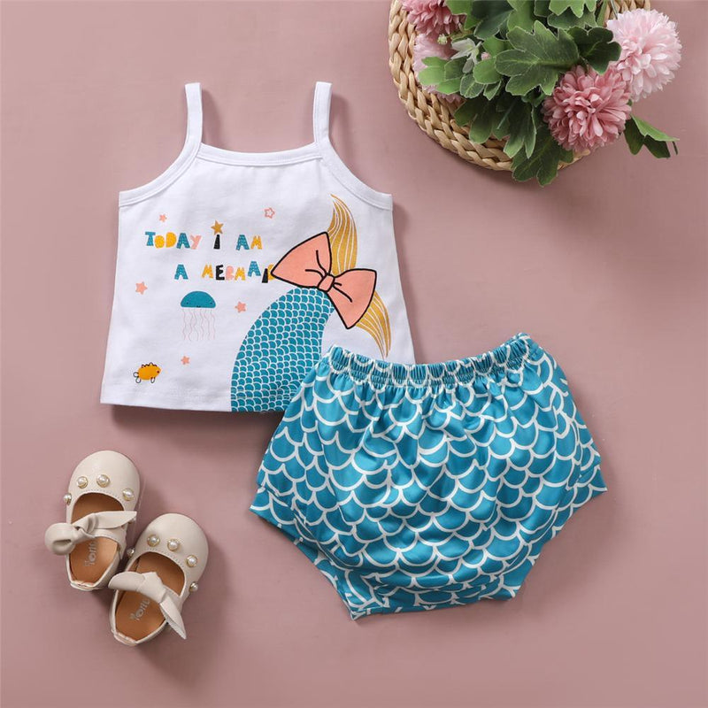 Baby Girls Bow Mermaid Letter Printed Sling Top & Shorts childrens leggings wholesale - PrettyKid