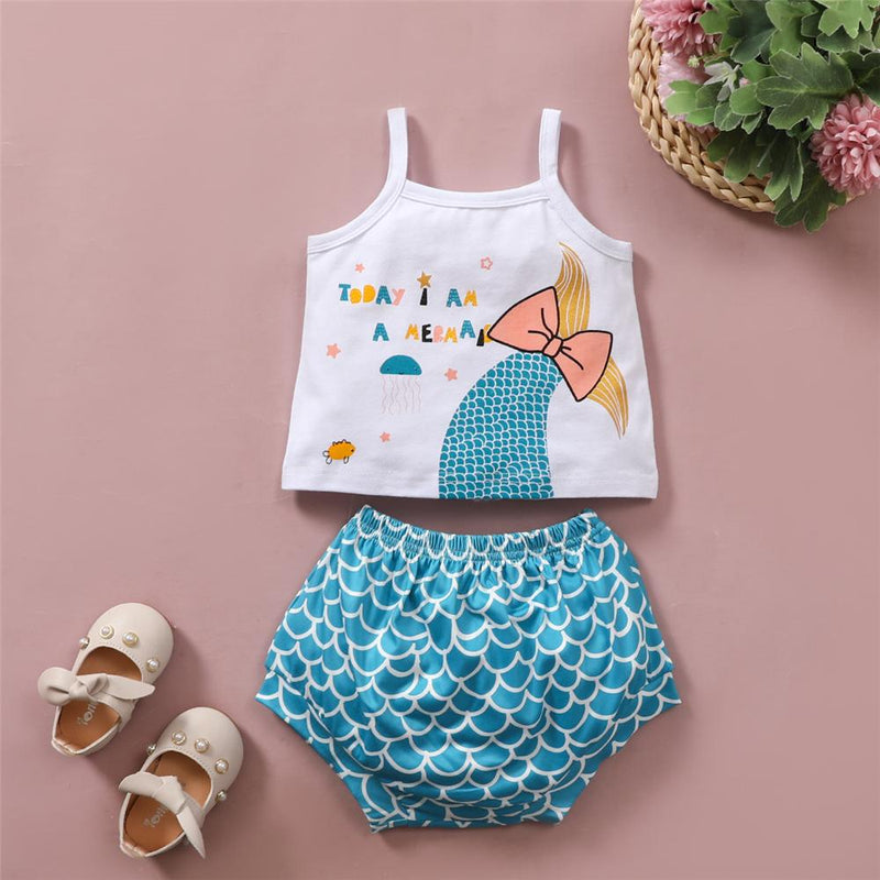 Baby Girls Bow Mermaid Letter Printed Sling Top & Shorts childrens leggings wholesale - PrettyKid