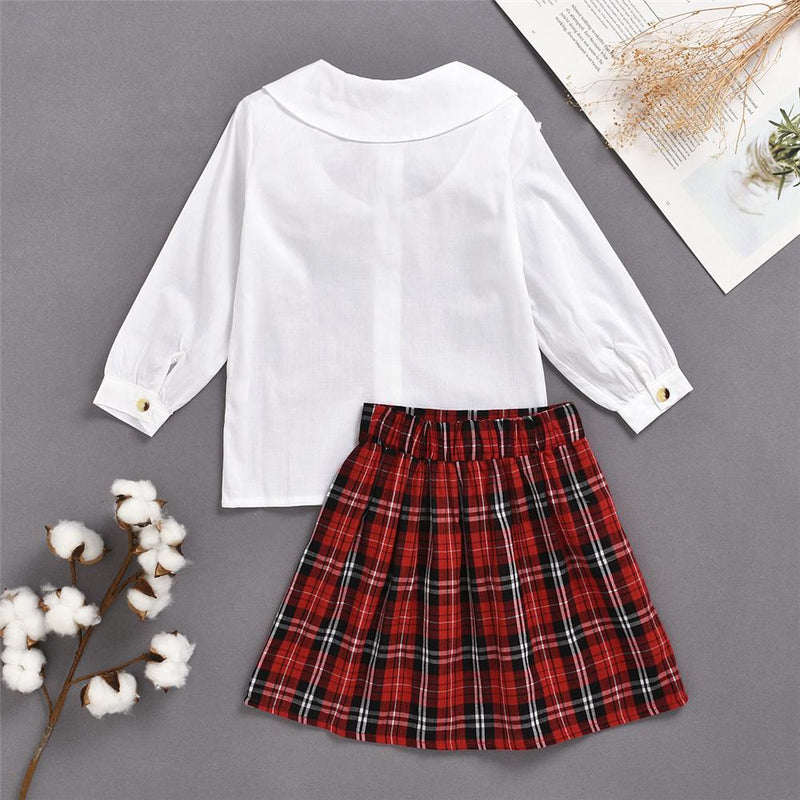 Girls Bow Plaid Long Sleeve Blouse & Skirts Kids Clothes Wholesale - PrettyKid
