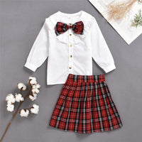 Girls Bow Plaid Long Sleeve Blouse & Skirts Kids Clothes Wholesale - PrettyKid