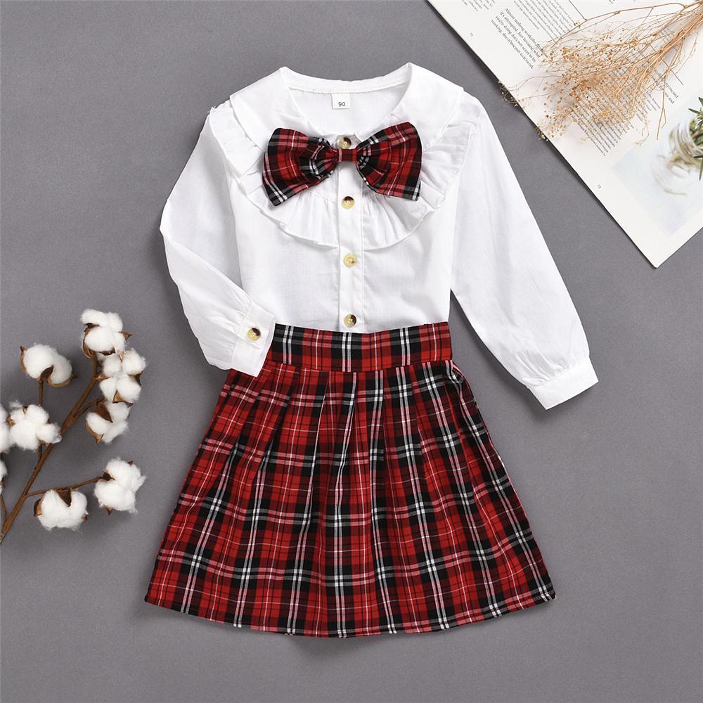 Girls Bow Plaid Long Sleeve Blouse & Skirts Kids Clothes Wholesale - PrettyKid