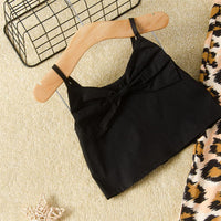 Girls Bow Solid Color Sling Top Leopard Printed Trousers Toddler Girl Boutique Clothing Wholesale - PrettyKid