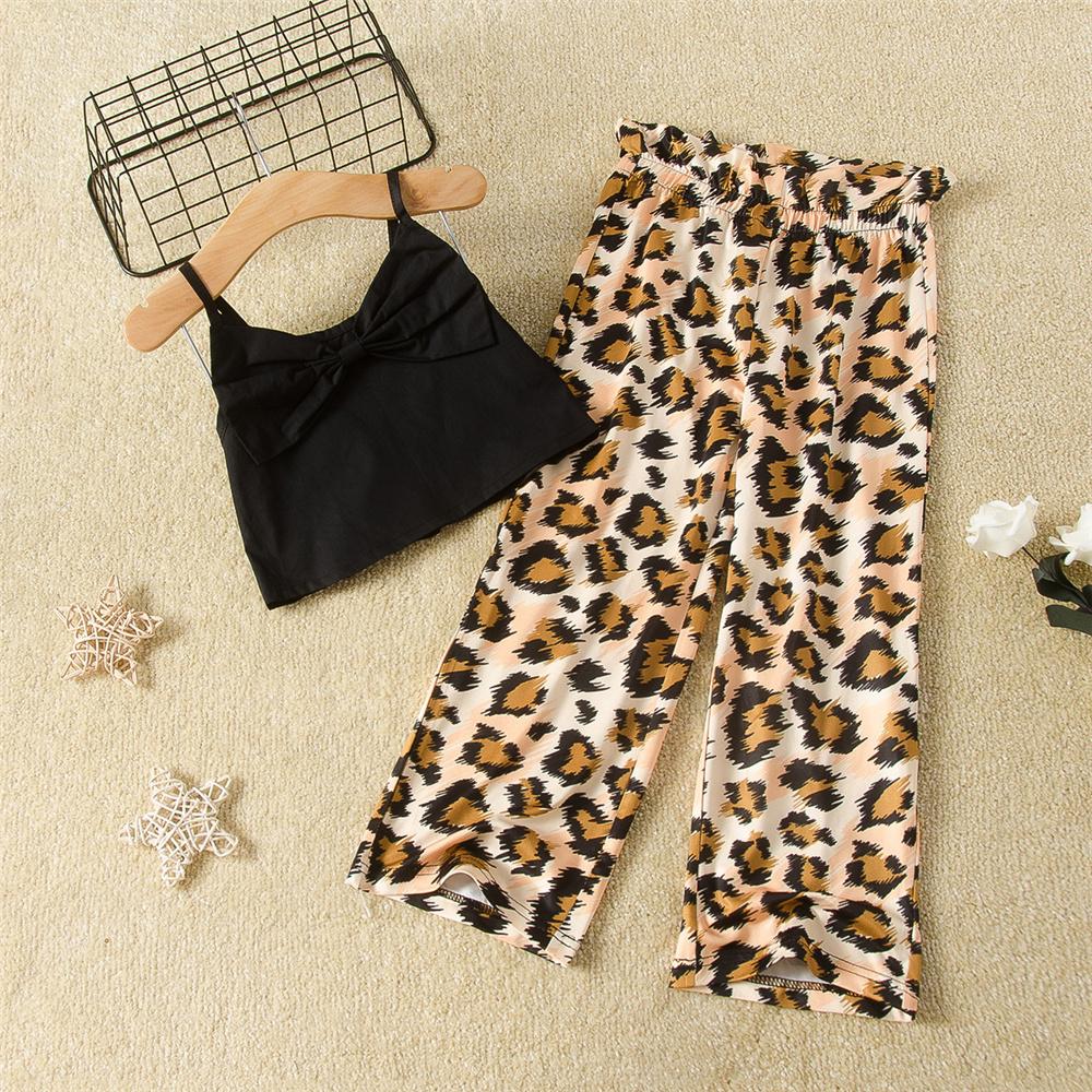 Girls Bow Solid Color Sling Top Leopard Printed Trousers Toddler Girl Boutique Clothing Wholesale - PrettyKid