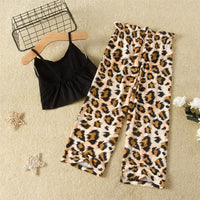 Girls Bow Solid Color Sling Top Leopard Printed Trousers Toddler Girl Boutique Clothing Wholesale - PrettyKid