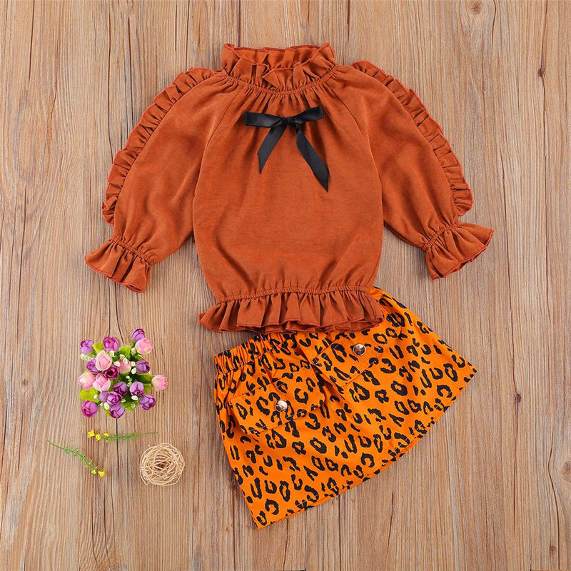 Girls Bow Waveselvedge Top & Leopard Skirt Wholesale Little Girl Boutique Clothing - PrettyKid