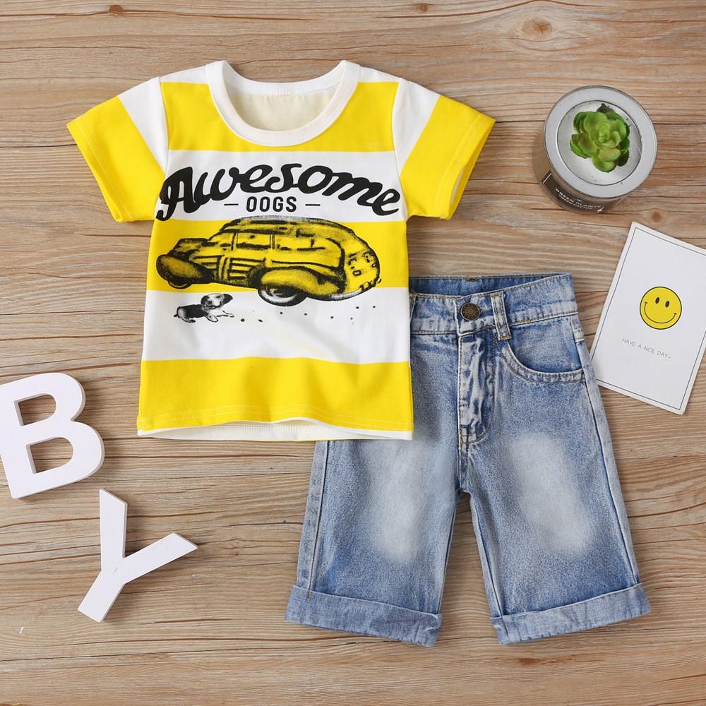 Boys Car Stripe Pattern Top & Jean Wholesale Toddler Boy Clothes - PrettyKid