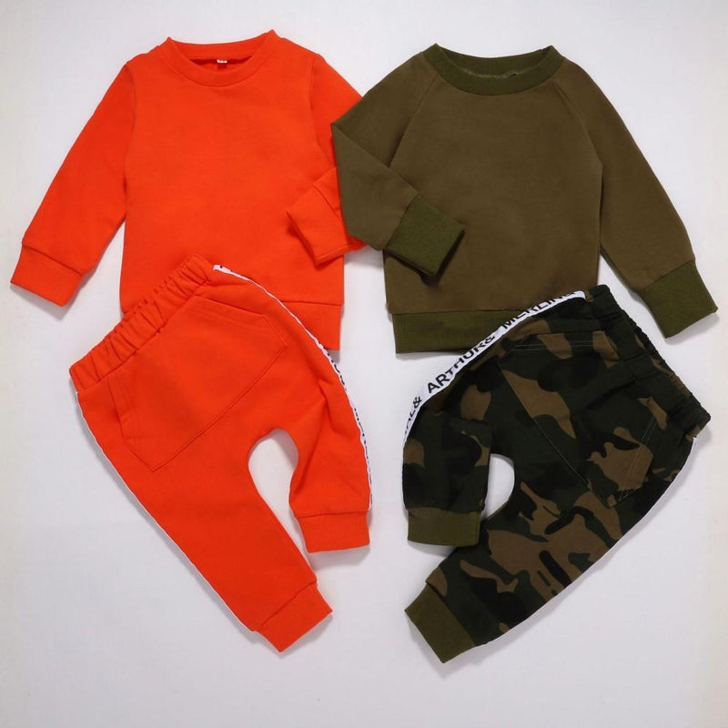 Boys Cotton Camouflage Letter Print Sweatshirt & PantsBoy Clothing Wholesale - PrettyKid