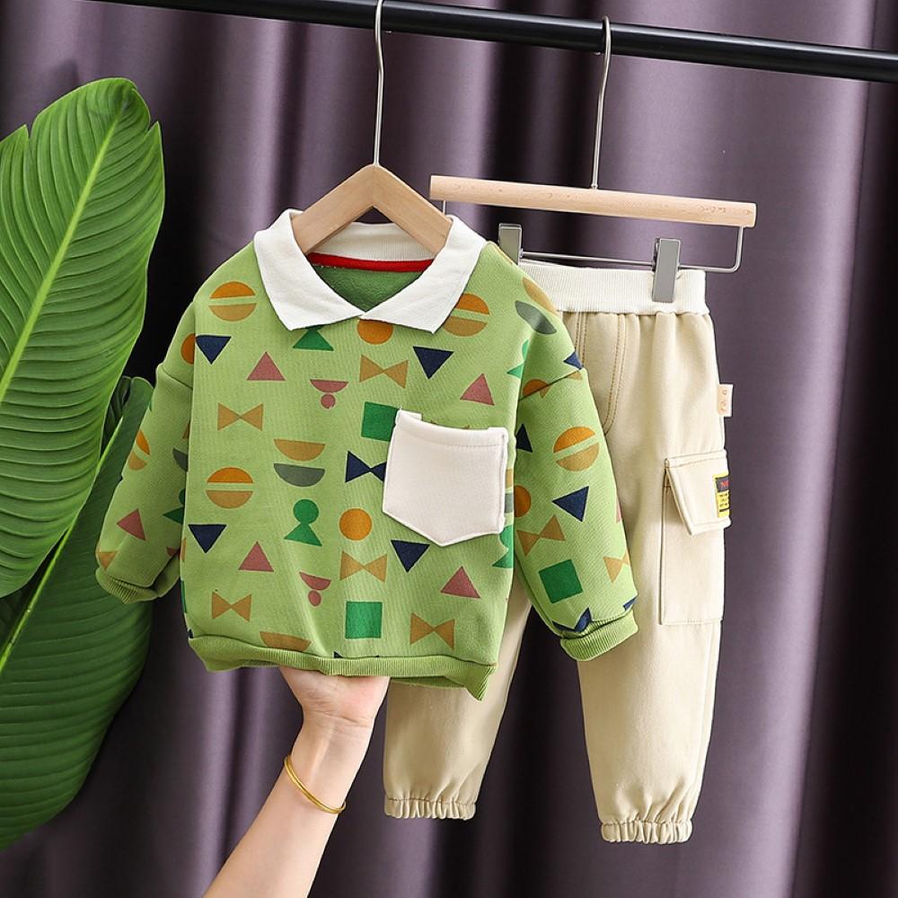 Boys Geometry Printed Lapel Top & Pants Boys Casual Suits - PrettyKid