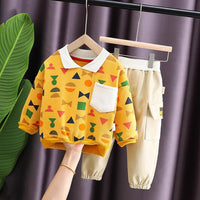 Boys Geometry Printed Lapel Top & Pants Boys Casual Suits - PrettyKid