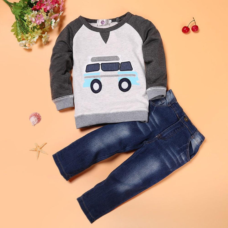 Boys Little Car Printed Top & Jean Wholesale Boys Suits - PrettyKid