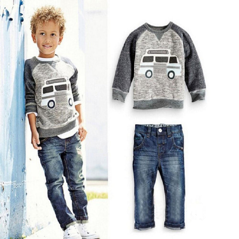 Boys Little Car Printed Top & Jean Wholesale Boys Suits - PrettyKid