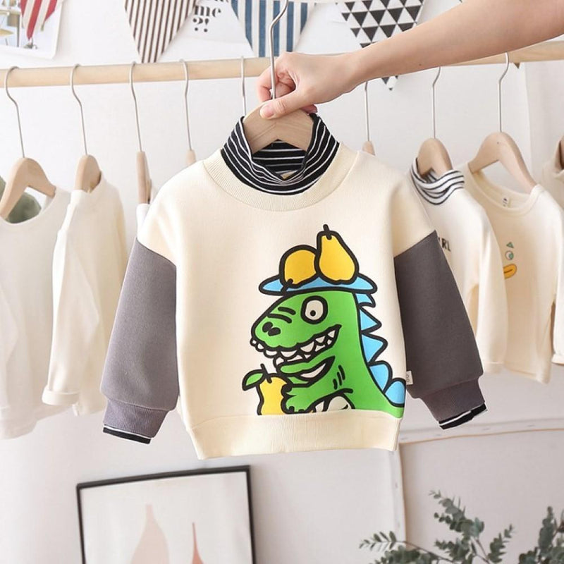 Boys Pear Dinosaur Pattern Stripe High Neck Long Sleeves Top Boys Wholesale Clothes - PrettyKid