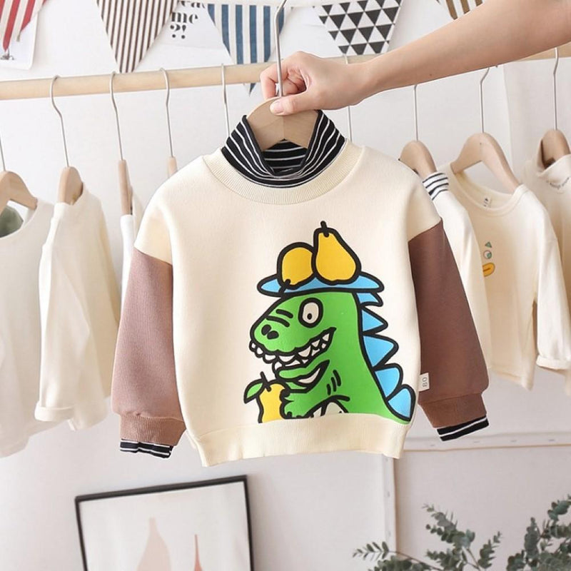 Boys Pear Dinosaur Pattern Stripe High Neck Long Sleeves Top Boys Wholesale Clothes - PrettyKid