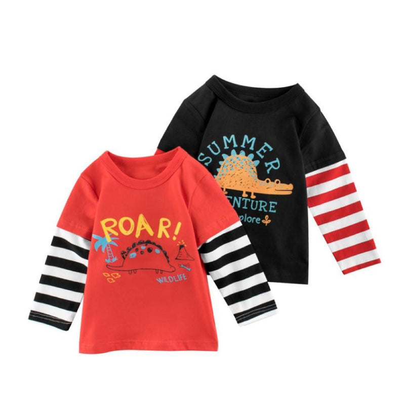 Boys Road Dinosaur Patten Stripe Long Sleeves Boy Wholesale Clothing - PrettyKid