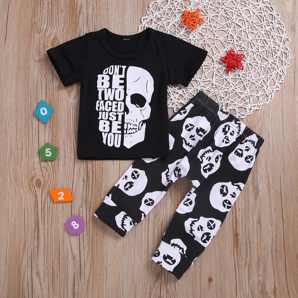 Boys Skull Pattern Letter Printed Top & Pants Boys Casual Suits - PrettyKid