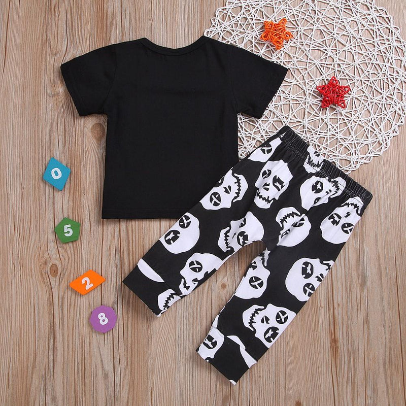 Boys Skull Pattern Letter Printed Top & Pants Boys Casual Suits - PrettyKid