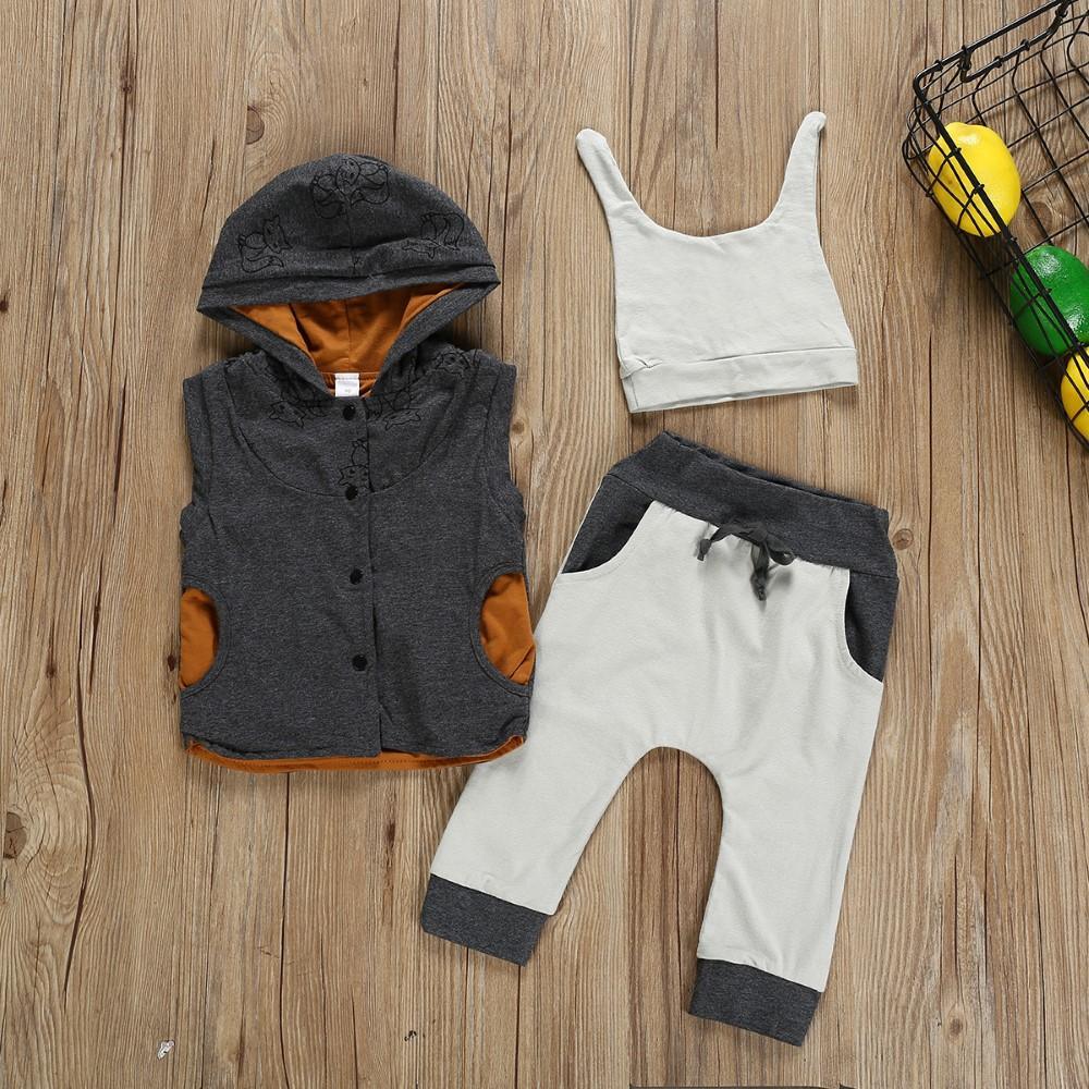 Boys Sleeveless Hooded Vest Three-piece Suit Boys Casual Suits - PrettyKid