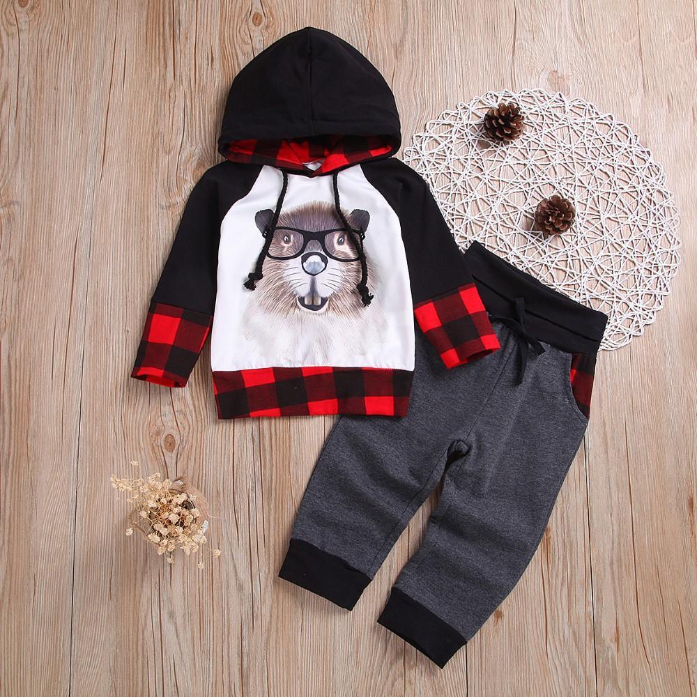 Boys Squirrel Cartoon Printed Lattice Suits Boys Clothing Wholesale - PrettyKid