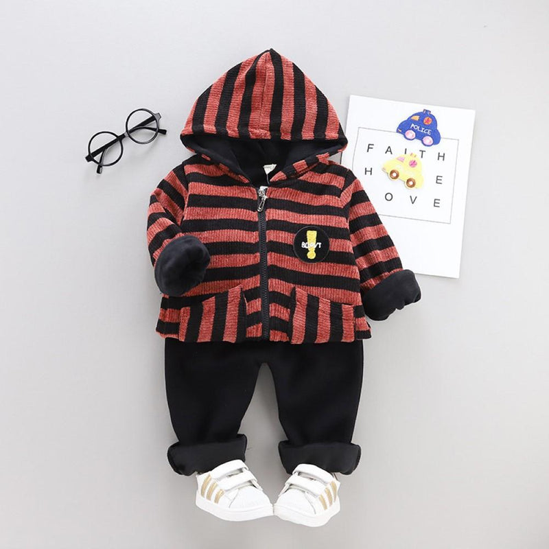 Boys Stripe Pattern Hooded Long Sleeves Top & Pants Boys Casual Suits - PrettyKid