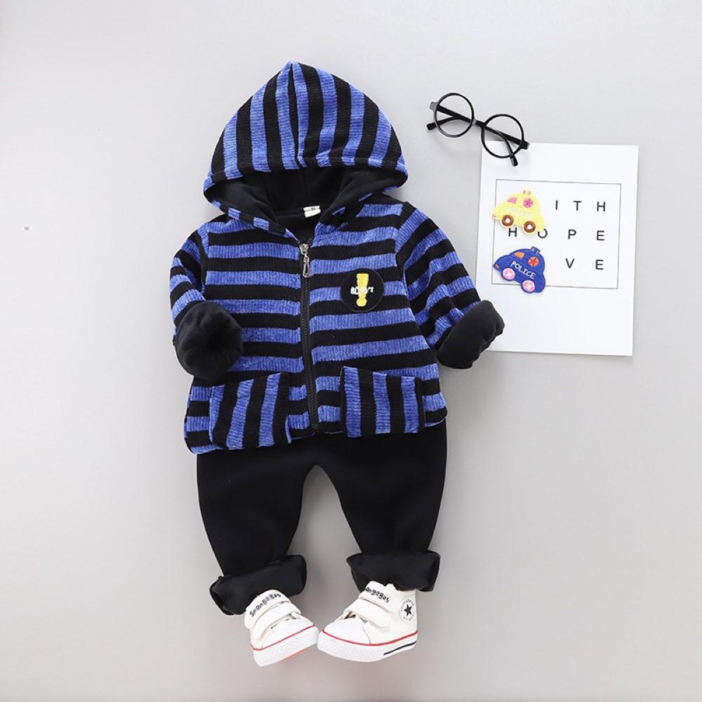 Boys Stripe Pattern Hooded Long Sleeves Top & Pants Boys Casual Suits - PrettyKid