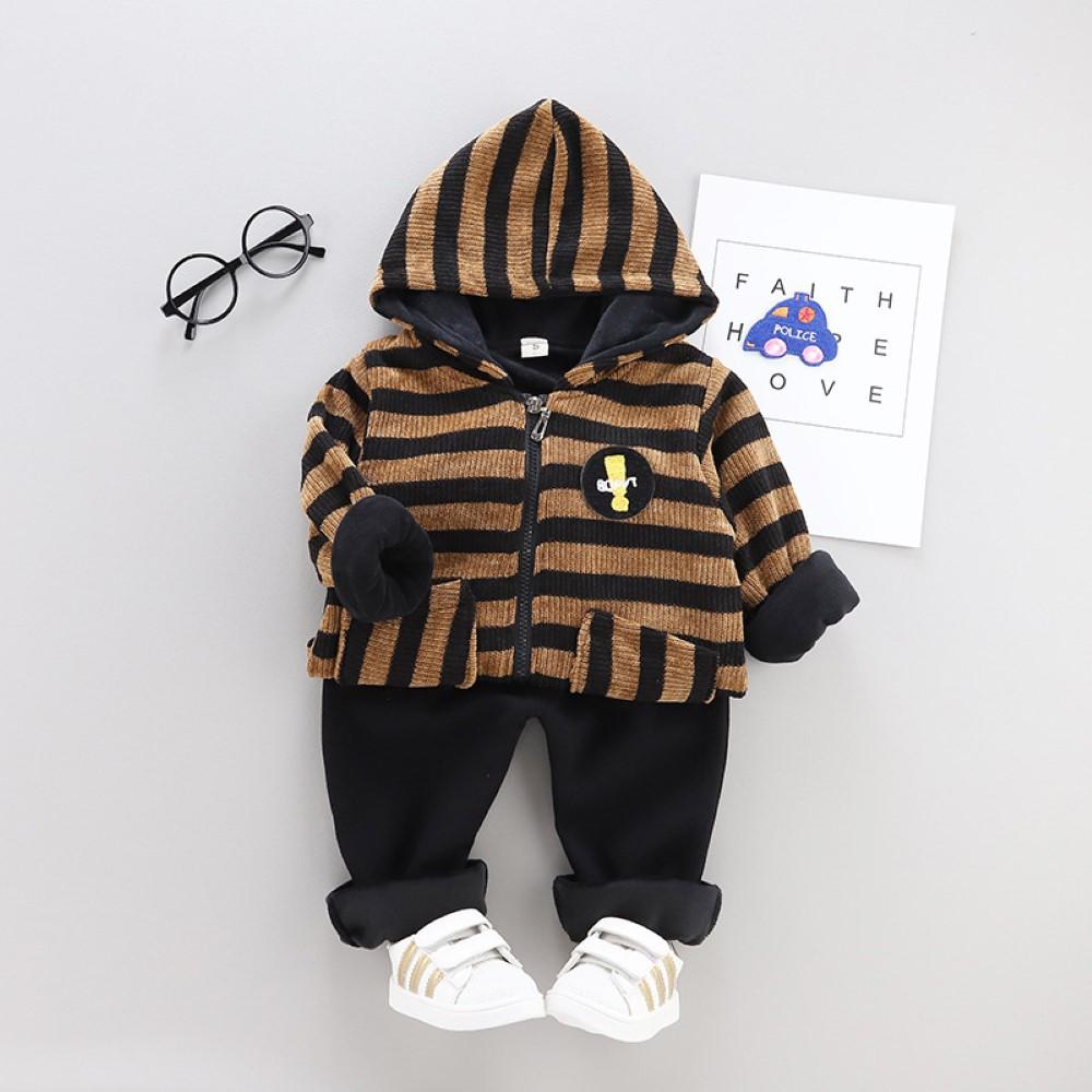 Boys Stripe Pattern Hooded Long Sleeves Top & Pants Boys Casual Suits - PrettyKid