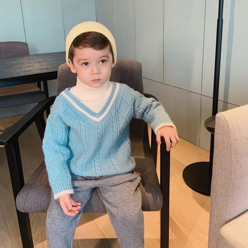 Boys V-Neck Splicing high Neck Sweater Little Boy Boutique Wholesale - PrettyKid