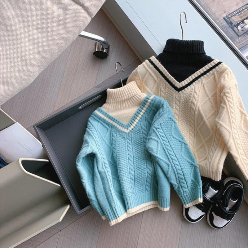 Boys V-Neck Splicing high Neck Sweater Little Boy Boutique Wholesale - PrettyKid