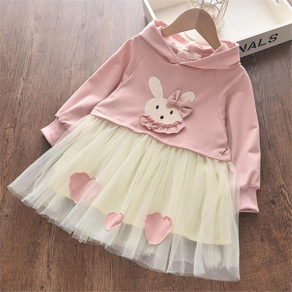 Girls Bunny Long-sleeve Hooded Tulle Dress - PrettyKid