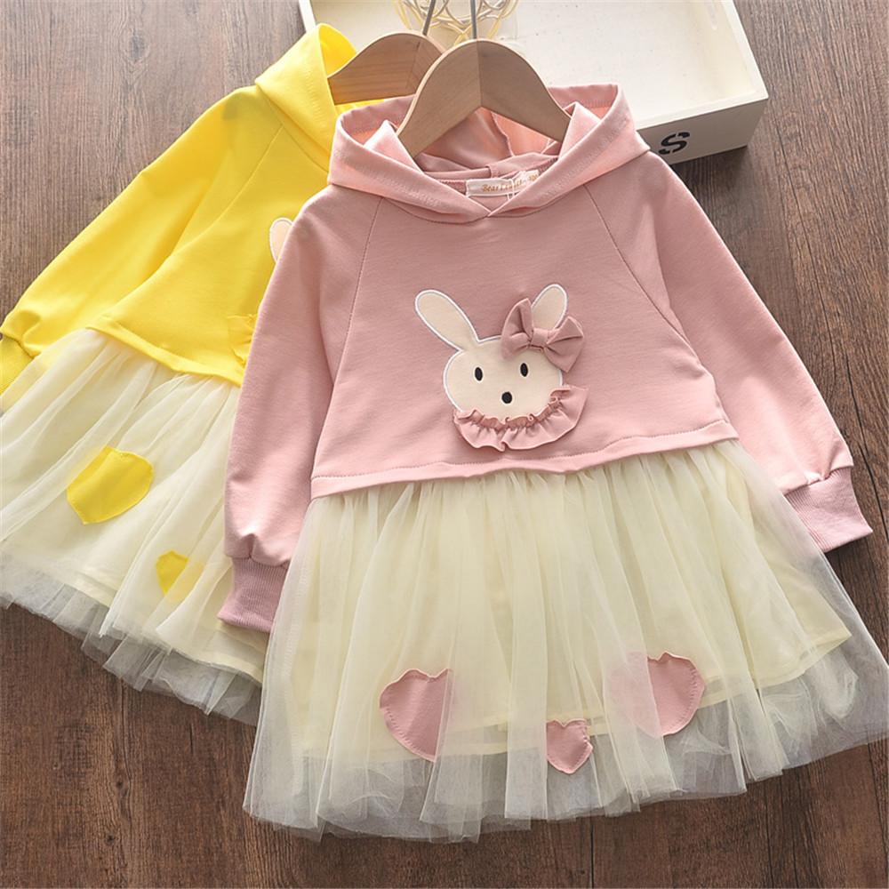 Girls Bunny Long-sleeve Hooded Tulle Dress - PrettyKid