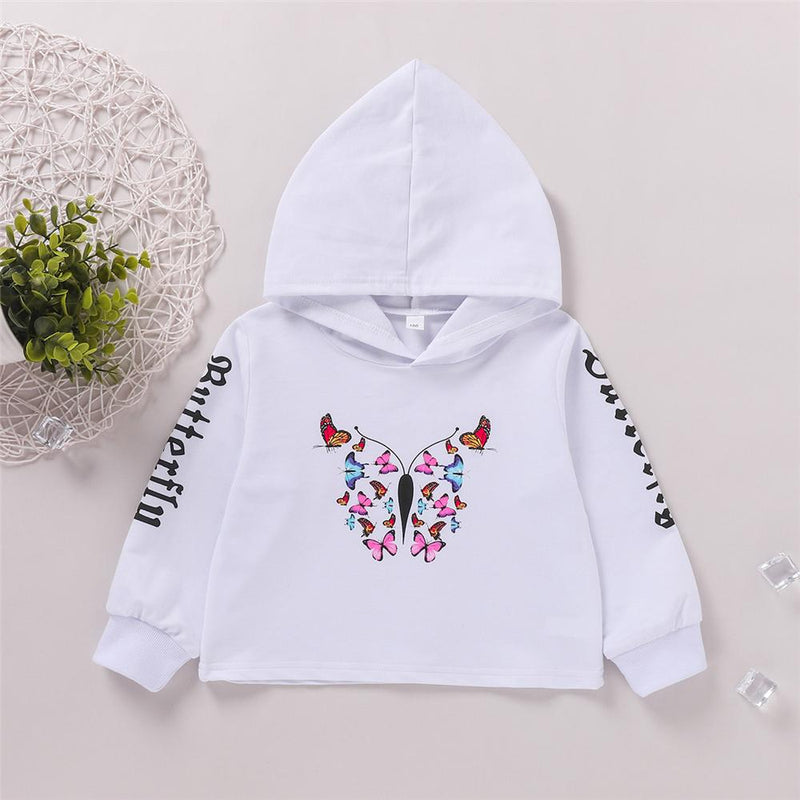 Girls Butterfly Cartoon Printed Long Sleeve Hooded T-Shirts Wholesale Girl Clothing - PrettyKid