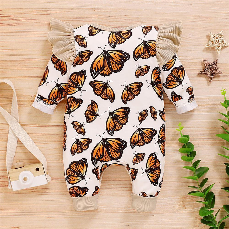 Baby Girls Butterfly Printed Crew Neck Romper Wholesale Baby Cloths - PrettyKid