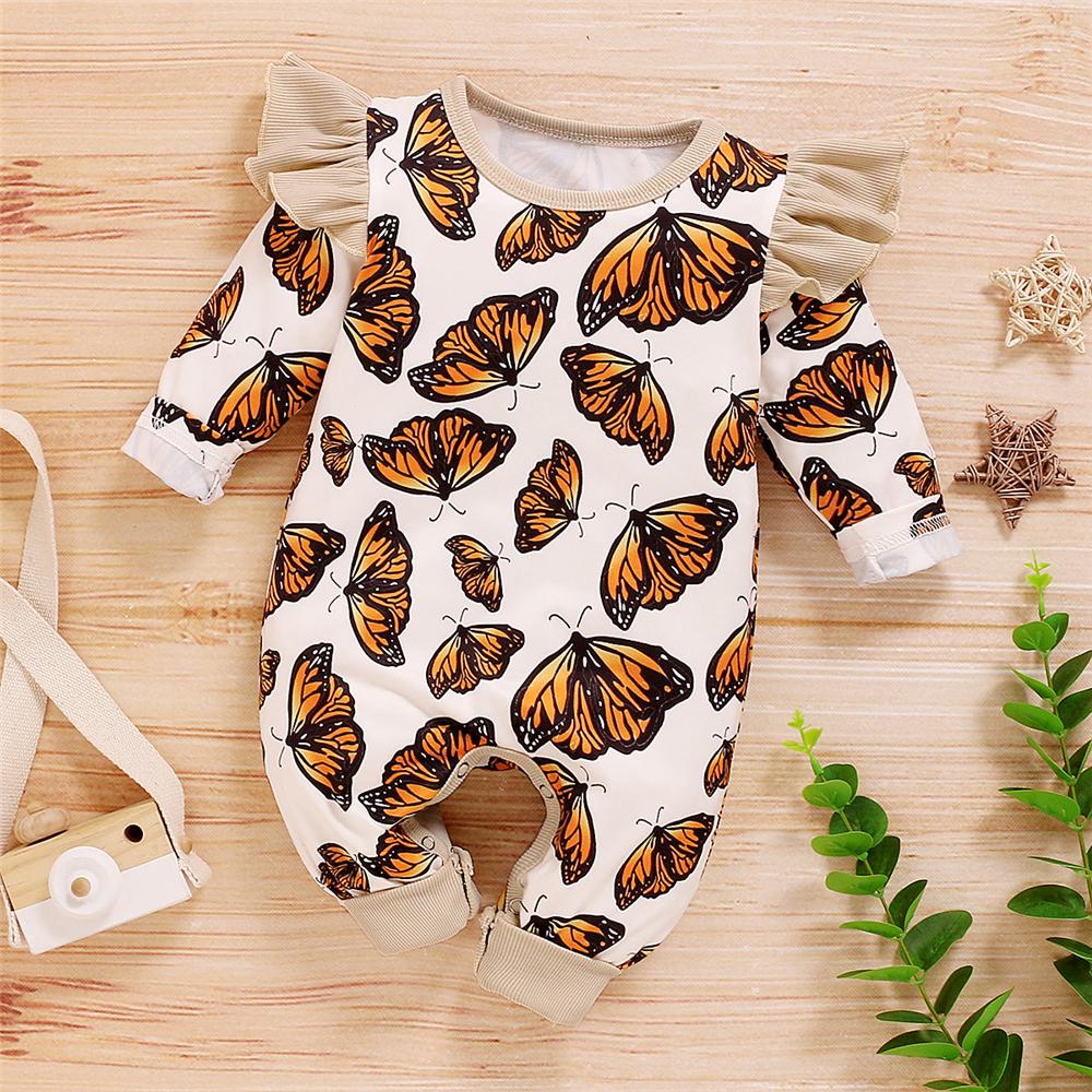 Baby Girls Butterfly Printed Crew Neck Romper Wholesale Baby Cloths - PrettyKid