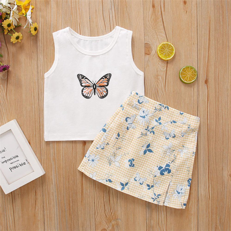 Girls Butterfly Printed Sleeveless Top & Floral Skirt Child Apparel Wholesale - PrettyKid