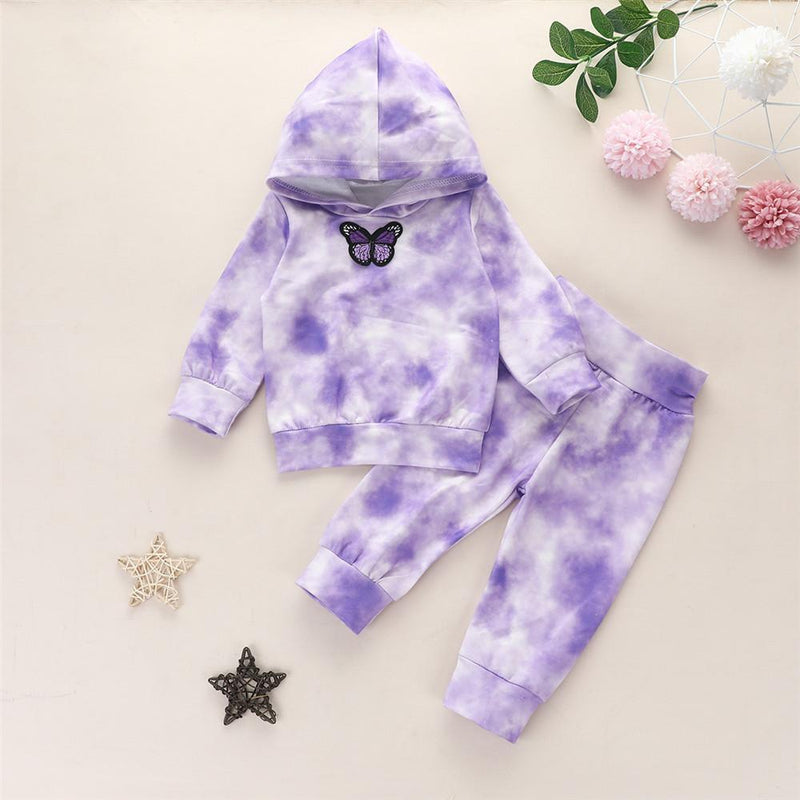 Girls Butterfly Tie Dye Long Sleeve Hooded Tops & Pants - PrettyKid