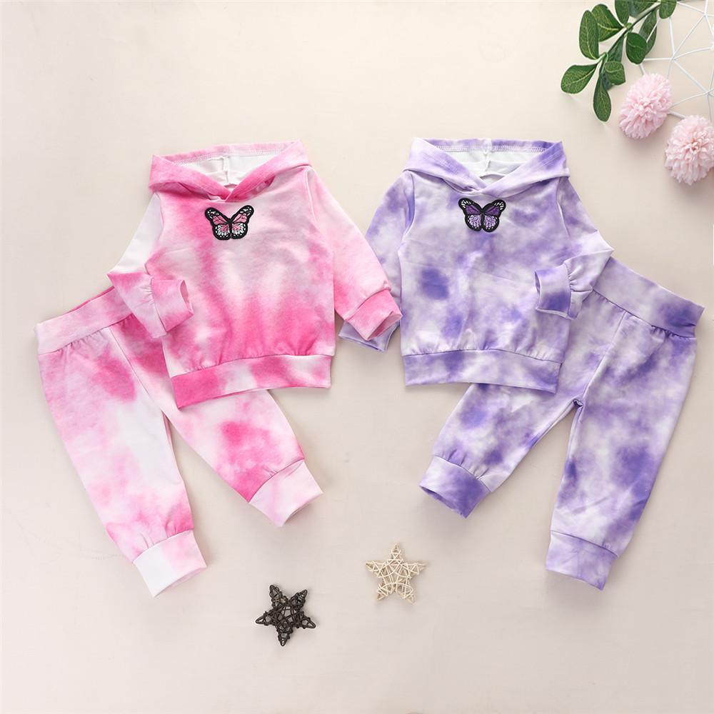 Girls Butterfly Tie Dye Long Sleeve Hooded Tops & Pants - PrettyKid