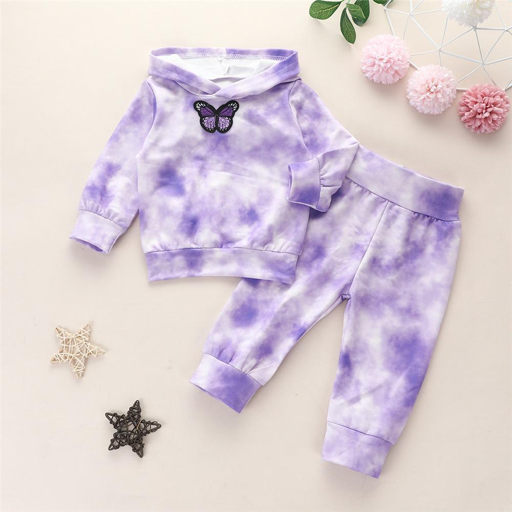 Girls Butterfly Tie Dye Long Sleeve Hooded Tops & Pants - PrettyKid