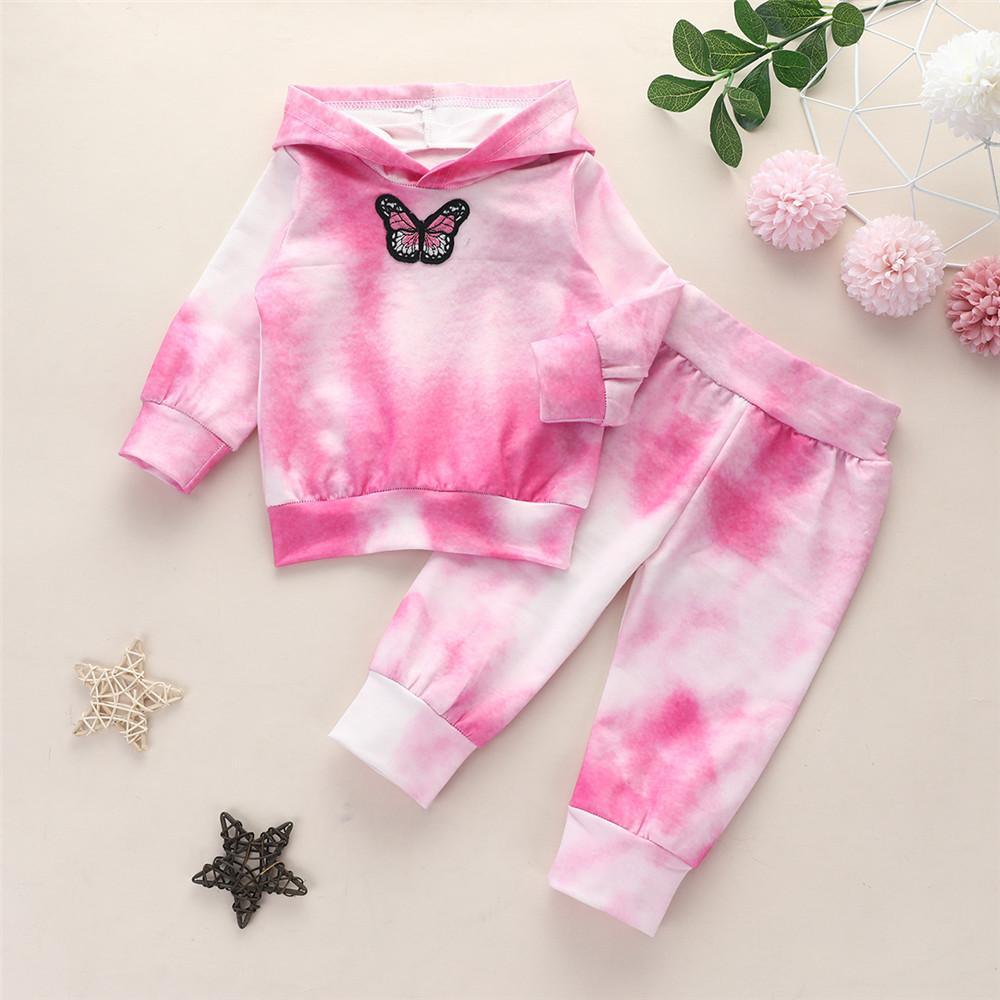 Girls Butterfly Tie Dye Long Sleeve Hooded Tops & Pants - PrettyKid