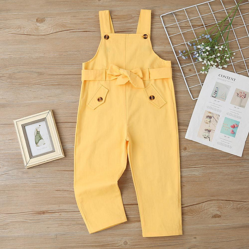 Girls Button Bow Decor Solid Color Loose Overalls Wholesale Girls - PrettyKid